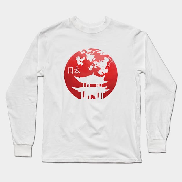 Vintage comic Japanese flag with solhouette of temple, sakura, kanji | Nature Long Sleeve T-Shirt by Vane22april